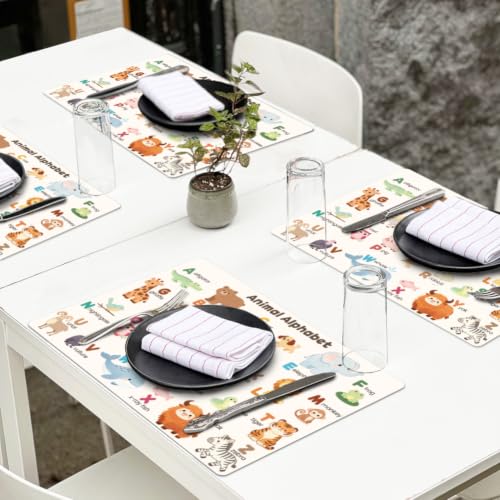 Peacoblue Placemats Set of 4,Faux Leather Animals with Letters Design - style: Animals with Letters