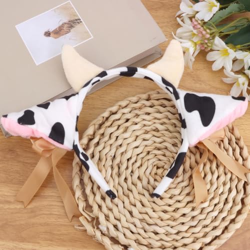 Cow Ears Cow Headband with Golden Bells Ribbon Bows Horns - color: Cow