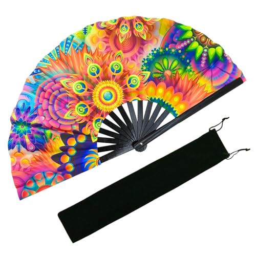 EOSAU Large UV Glow Rave Fan, Folding Hand Fans for Line Dancing, Flowers - color: 13" Flowers