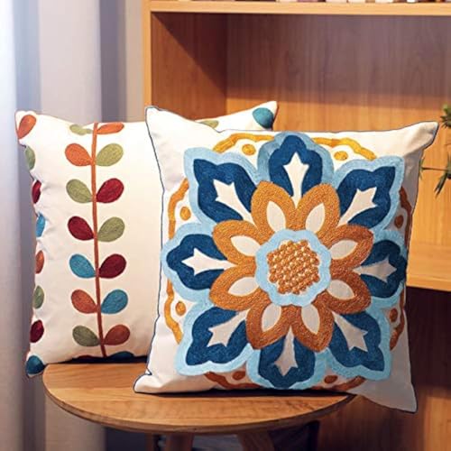 Boho Embroidery Cushion Covers 18x18 Set of 2- Floral Cotton Throw Pillow Covers for Farmhouse Decor, Decorative Outdoor Throw Pillows for Couch Sofa Livingroom Yellow & Orange - color: Sunflower and Leaf