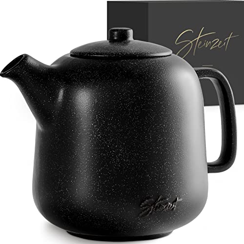 Steinzeit Design Tea Pot (44 oz) - Premium Ceramic Teapot with Infuser for Loose Tea - Black Teapot Ceramic with Removable Strainer - size: 44 oz without warmer