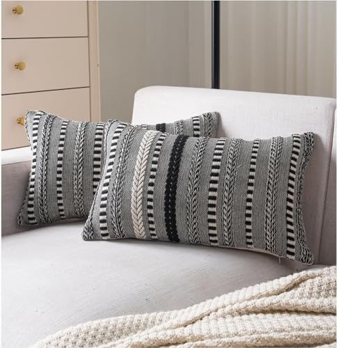 Cethom Boho Throw Pillow Covers 12x20 Inch Set of 2, Farmhouse Decorative Couch Pillow Cases, Black Accent Pillows of Bed, Sofa Bedroom Living Room Home Decor Cushion Cover - color: Black, size: 20" x 12" (Pack of 2)