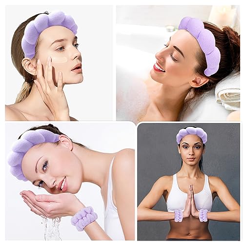 Zkptops Spa Headband for Washing Face Wristband Set Sponge Makeup Skincare Headband Terry Cloth Bubble Soft Get Ready Hairband Women Girl Puffy Padded Headwear Non Slip Thick Hair Accessory(Purple) - color: Y Purple