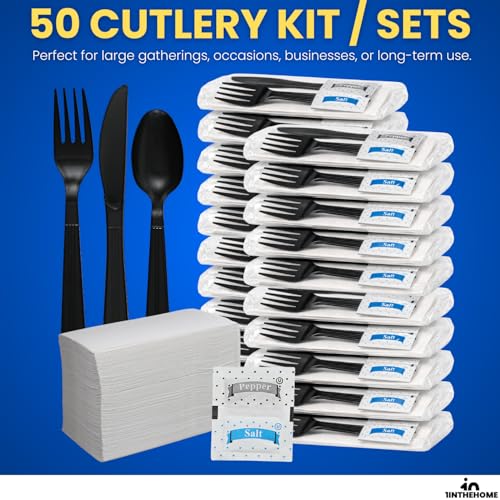 Cutlery Set Disposable Packet, Plastic Individually Wrapped Utensils Set – Knife, Fork, Teaspoon, Napkin, Salt & Pepper for (Parties, Dinners, Catering Services, Takeout) Black, 50 Pack
