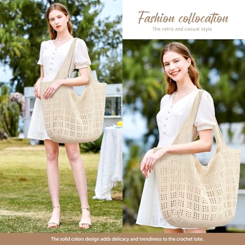 hatisan Crochet Bag for Women, Handmade Knit Beach Tote Bag Summer - color: A Large Beige