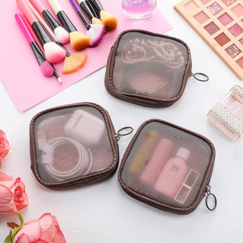 Weewooday 4Pcs Mesh Makeup Bag, Brown, Small, Classic - color: Brown, size: Small, style: Classic