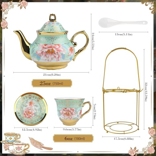 20Pcs Porcelain Tea Set with Metal Holder and Spoons, Floral Tea Sets for Adults with Teapot Cups Saucers, European Ceramic Tea Parties Set for Women （Large） (Green) - color: Green
