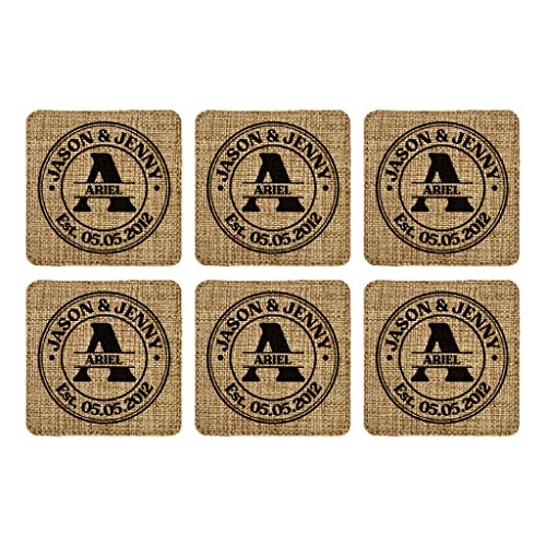 Smile Art Design Family Monogram CUSTOM COASTER Set of 6 with base Square Burlap Material Family Name Personalized Prints Personalized Gifts Housewarming Wedding Gift Rustic Home Decor Style2 - color: Style 02, size: Set of 6 - Square Coaster
