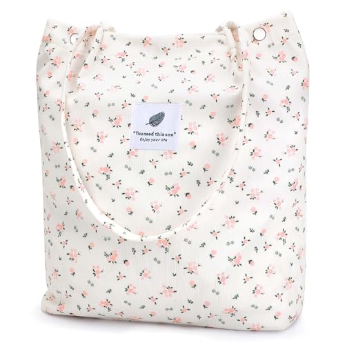Ayieyill Corduroy Tote Bag for Women Canvas Shoulder Cord Purse with Inner Pocket - color: Beige/Pink Floral