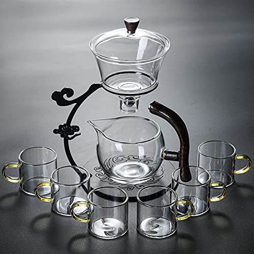RORA Glass Teapot Set Semi Automatic Drip Rotating with Infuser Lazy Kungfu Tea pot Set (Black) - color: Black, size: teapot