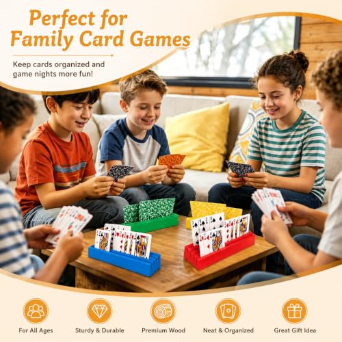Card Holders for Playing Cards Deck Stand Wood Playing Card Holder for Kids Canasta Holder for Adults Seniors Card Deck Crowns Uno Games Set of 4 Colors - color: Color 4s