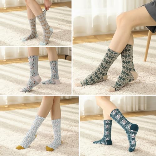 5/6 Pair Crew Socks for Women Floral Socks - color: Green, Blue, Brown Argyle Floral
