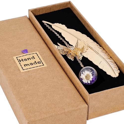 Toirxarn Metal Feather Bookmark, Back to School Teacher Gift for Women - color: Feather Gold - Purple Crystal With White Flower