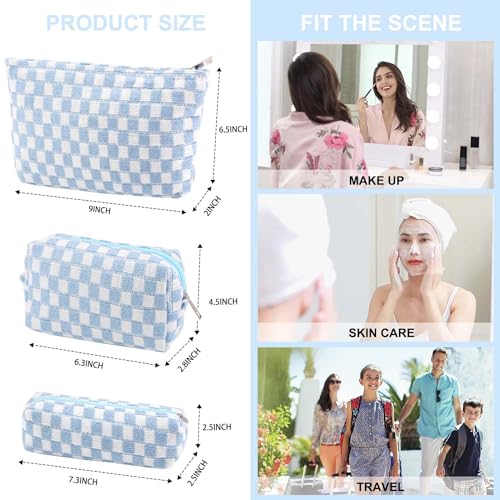 EIMMBD Makeup Bag 3 Pieces Large Capacity Checkered Cosmetic Bags Travel Toiletry Bag Organizer Cute Makeup Pouch Storage for Women(Blue) - color: Blue