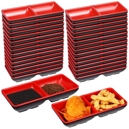 30 Pack Black & Red Divided Serving Dishes - Dual Compartment Melamine Appetizer Plates for Sushi, Condiments & Party Snacks, Restaurant-Grade Dip Bowls Set