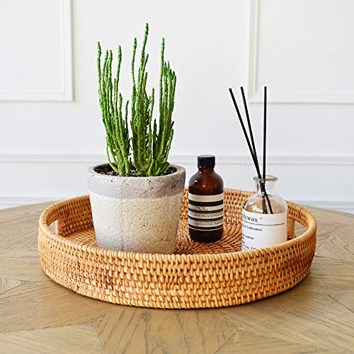 Coffee Table Tray Round Rattan Ottoman Tray Woven Serving Trays with Handles for Home and Kitchen Decorative Natural (Large 16.9 inch) - color: Natural, size: 16.9"