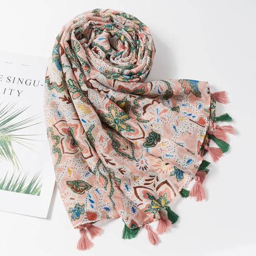 QIUTIMIY Scarf for Women Lightweight Soft Floral Leopard Printed Scarves Fall Winter Fashion Shawl Wrap with Fringe - color: Flower-pink Green
