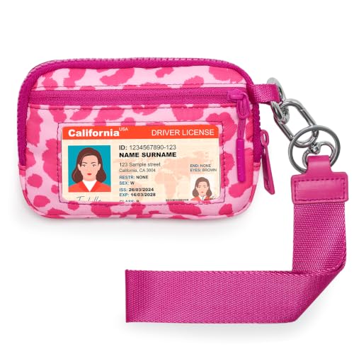 Small Wristlet Wallets for Women with Clear ID Window, Keychain Coin Purse - color: Hot Pink Leopard