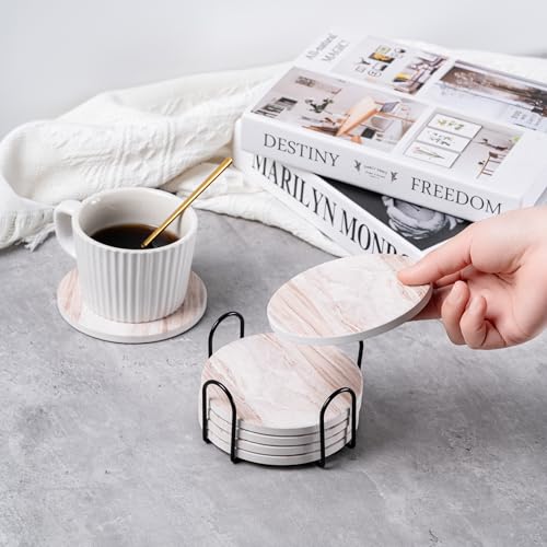 6Pcs Absorbent Coasters Set with Holder,Ceramic Drink Coaster,4 in（A4） - color: Render Style