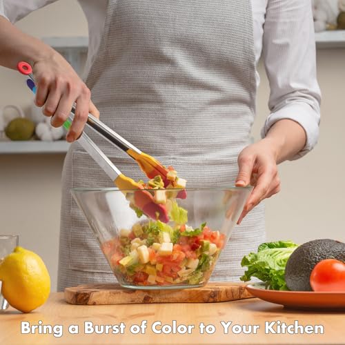 OYV Rainbow Silicone Tongs for Cooking, Heat Resistant Kitchen Tongs for Salad, Grilling, Cooking, 304 Stainless Steel Locking and BPA Free Silicone Tips Set of 2, 9 and 12 Inch - color: Rainbow