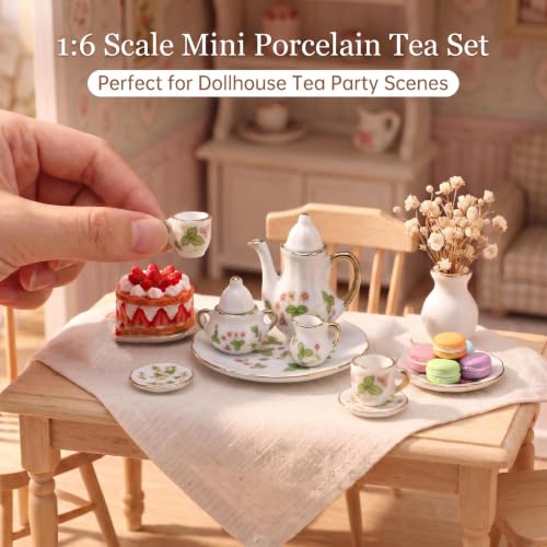 Miniature Tea Set 1/6 Scale Dollhouse Accessories Porcelain Green - color: Green
