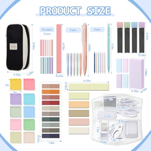 Sinload 60 Pcs Aesthetic Book Annotation Kit School Supplies Cute Pencil Case Mini Stapler Set 12 Highlighter 5 Gel Pen 6 Pencil 5 Magnetic Bookmark 1220 Sticky Note Student Stationary(Black) - color: Black