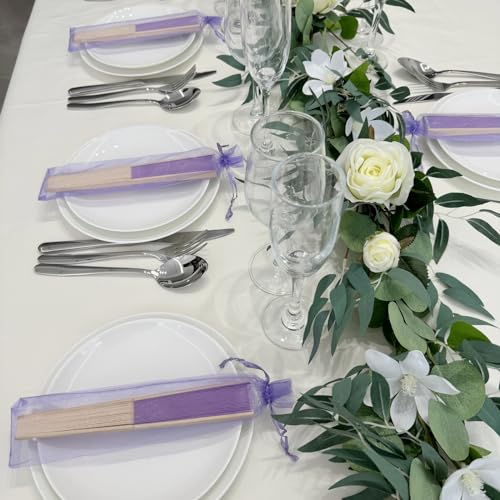 24pcs Imitated Silk Hand Fan Imitated Silk Fabric Bamboo Handheld Folded Fan Bridal Dancing Props Church Wedding Party Favors with Organza Bags (Light Purple) - color: Light Purple