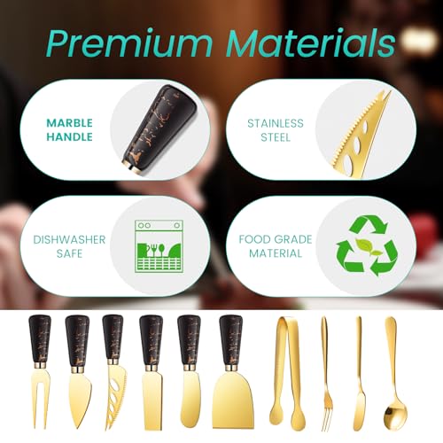 Marble Gold and Black Cheese Knife Set, Ceramic Handle Charcuterie Board Accessories Butter Spreader Cheese Slicer Knife With Serving Tongs, Spoons, Forks, Flags Cheese Markers, Wooden Honey Dipper - color: Marble Black