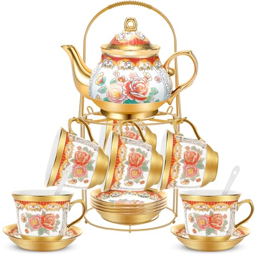20 Pcs Adult Tea Party Set Porcelain with Metal Holder, Classic - style: Classic