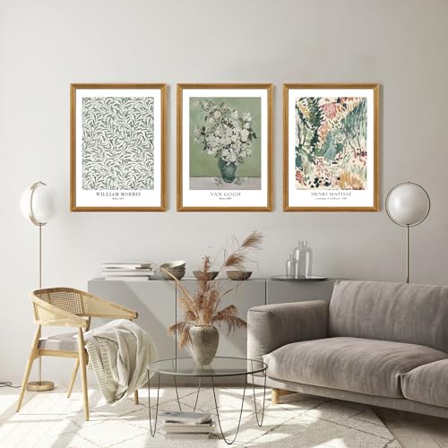 FWAHREN 3 Piece Framed Vintage Botanical Floral Canvas Wall Art Set, Matisse Van Gogh William Morris Paintings, Large Pictures Prints Wall Decor for Living Room Bedroom Bathroom Office, 12x16in - color: Art Masters Trio, size: 16"L x 12"W