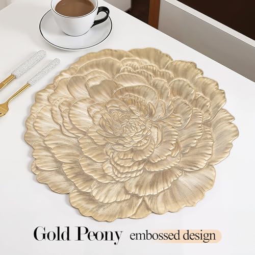 Quantum Love Set of 6 Floral Gold Penoy Placemats Vinyl Metallic 15 Inches Round Washable Place Mats Waterproof Heat Resistant Durable Table Mats for Kitchen Dining Table Decoration Indoor Outdoor - color: Gold Peony