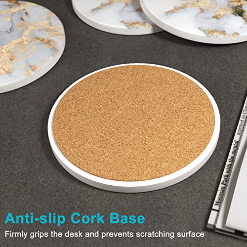 Nipichsha Coasters for Drinks, Set of 6 Cute Absorbent Ceramic Drink Coasters for Cup with Holder and Cork Base, Kitchen Home Decor Housewarming Gift, Round 4 in, White Gray Gold - color: White Gray Gold Marble