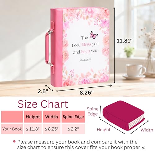 Large Bible Cover Case for Women - Faux Leather Bible Study Organizer Bag with Complete Journaling Kit & Accessories, Pink Floral with Zipper Closure