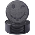 Coasters for Drinks Set of 6 with Holder, 6-Piece Leather Coasters with Embossed Smiley Designs - Durable Drink Coasters Set for Home, Bar, or Office - Black - color: Black