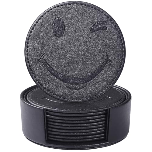 Coasters for Drinks Set of 6 with Holder, 6-Piece Leather Coasters with Embossed Smiley Designs - Durable Drink Coasters Set for Home, Bar, or Office - Black - color: Black