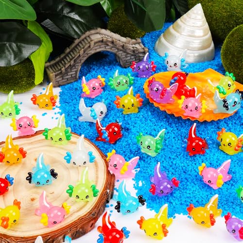 64PCS Luminous Mini Resin Axolotl 8 Colors Glow in The Dark Small Little Resin Axolot to Hide Bulk Miniature Plastic Animal Figures for Micro Landscape Dollhouse Fairy Garden Aquarium Potted DIY Decor - color: 64pcs-axolotl