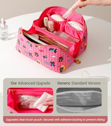 Aveniee Travel Makeup Bag for Women, Large Cosmetic Organizer with Open-Flat Design, Clear Divider & Handle - Waterproof PU Leather Toiletry Case (Moon Cat Pattern) - style: Mooncat