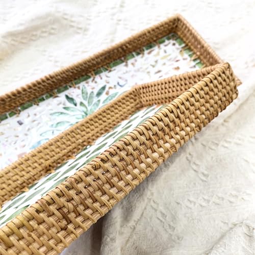i-lan Rectangular Rattan Tray with Mother of Pearl Inlay，Rattan Bathroom Vanity Trays Long Narrow Toilet Tank Flat Basket,Decorative Hand Towel Storage Basket (Green Leaf)
