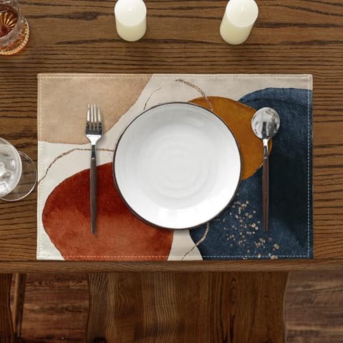 Ansouyi Placemats Set of 6, Terracotta Navy Orange and Gold Abstract Washable Heat Resistant Linen Table Mats, Kitchen Decor Non-Slip Place Mats for Party Dining, 12x18 Inch - color: Terracotta