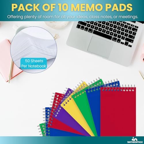 1InTheOffice Wirebound Memo Pads, 4" x 6", College, Assorted, 50 Sheets/Pad, (10 Pads)