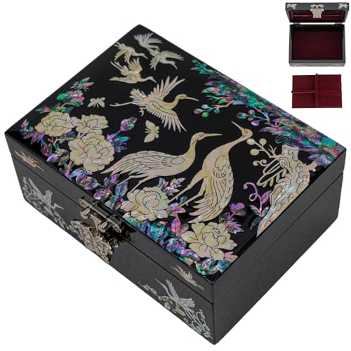February Mountain Mother of Pearl Decorative Box Exquisite Black Lacquer Jewelry Box with Mother of Pearl Crane and Peony Design - style: Crane