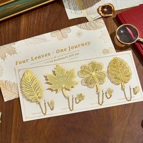 4 Pcs Gold Metal Leaf Bookmarks Set - Monstera, Maple, Four-Leaf Clover & Palm, Elegant Botanical Page Markers, Book Lovers Gifts for Women, Teachers, Readers, Writers - color: Golden
