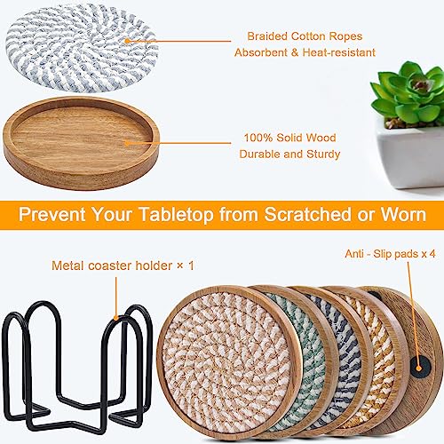 Wood Coasters for Drinks, Eykao Absorbent Coaster Sets of 5, Woven Drink Coasters for Coffee Table, Housewarming Gift for Farmhouse Home Decor,4 inches - color: Colorful (With Holder)