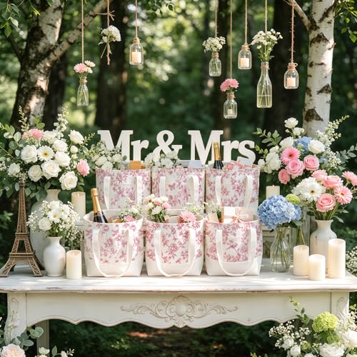 6 Pcs Mini Floral Bow Tote Bags for Women White Canvas Tote Bag Bulk Reusable Coquette Bags for Wedding Party Favor - color: Pink Floral