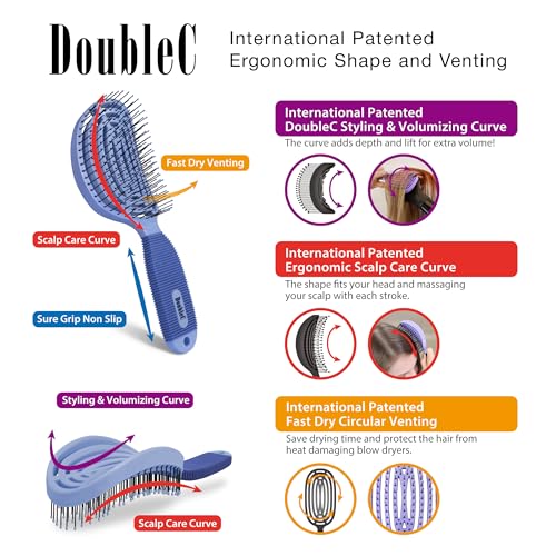 NuWay® DoubleC® Scalp Care Hair Brush – Patented Double Curve Design for Scalp Massage, Vented Blow-Dry Styling, Wet & Dry Hair, All Hair Types (Indigo) - color: Indigo