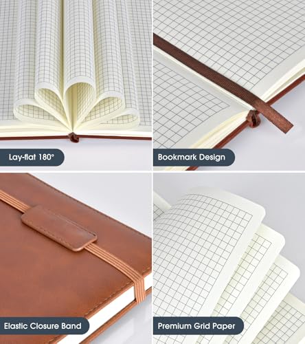 Biuwory A5 Hardcover Graph Paper Notebook, Grid Leather Journal for Writing - color: Brown, size: Squared-140 Pages (5.7"×8.3")