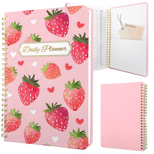 Undated Daily Planner - Spiral Notebook 80 Days One Day Per Page, Hourly Schedule, To-Do List, Notes, Everyday Planning Task, A5 Hardcover Journal Organizer Book Women Cute, Strawberry - color: Strawberry