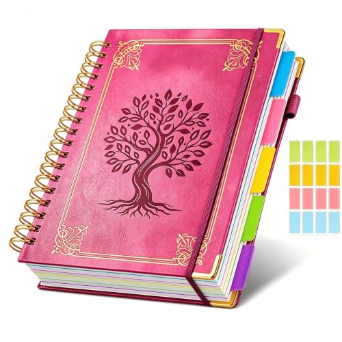 Hardcover Spiral Notebook Journal with Removable Dividers Tabs, 5 Subject Notebooks for Work School, 300 pages 8"x10" B5 leather Journal College Ruled, Cute Journal for women, Rose - color: Rose