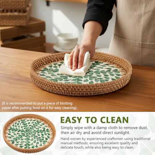 Handwoven Rattan Tray Pearl Inlay 11" Round Decorative Serving Tray Boho