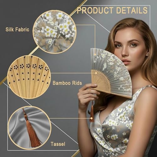 Lysa Hand Fan for Women Foldable - Portable Folding Japanese Chinese Fan - for Hot Flashes, Summer Cooling, Festivals, Church, Dancing (Gray Sakura) - color: Gray Sakura